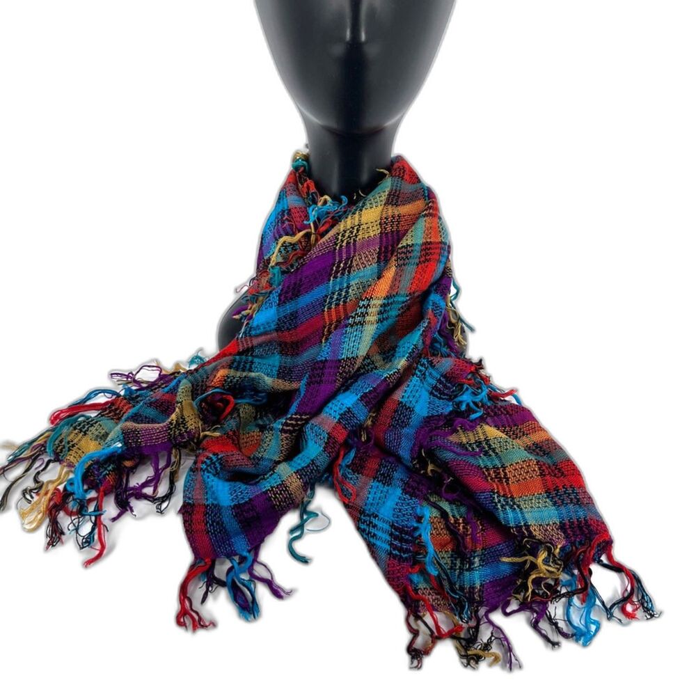 Colorful Plaid Fringed Square Fashion Scarf Wrap Boho Streetwear Artsy Bold